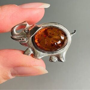 Natural Baltic Amber Elephant Sterling Silver Vintage Brooch